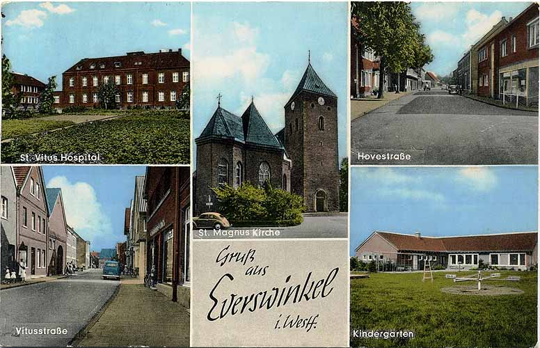 Postkarte mit fünf Motiven: St.-Vitus-Hospital, St.-Magnus-Kirche, Hovestraße, Vitusstraße, Kindergarten. Die Schwarzweißfotos wurden nachträglich koloriert.