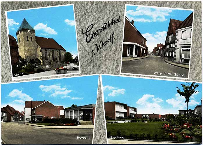Postkarte mit dem Titel Everswinkel i. Westf. mit vier Motiven: Kirche, Warendorfer Straße, Hovestraße und Siedlung.  Die schwarz-weiß Fotos wurden nachträglich koloriert.