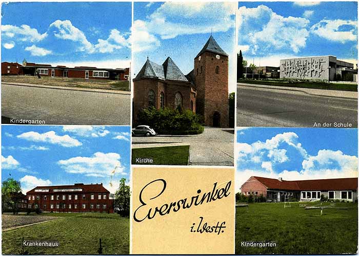 Postkarte mit fünf Motiven: Vitus-Kindergarten, Kath. Kirche, An der Schule, St.-Vitus-Krankenhaus, St.-Magnus-Kindergarten