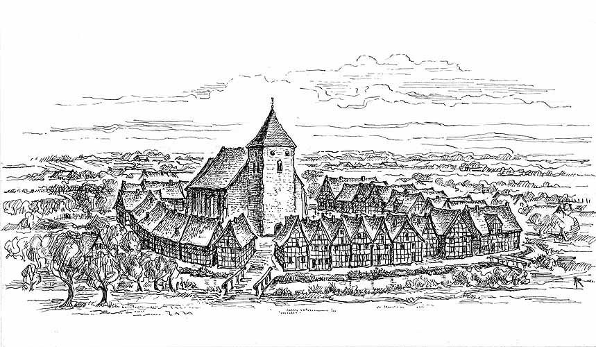 Illustration der Häuserreihe rund um den Kirchplatz und die St.-Magnus-Kirche