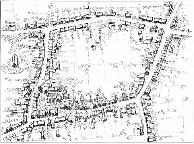 Das Dorf nach einer Karte von 1906 gezeichnet aus der Vogelperspektive