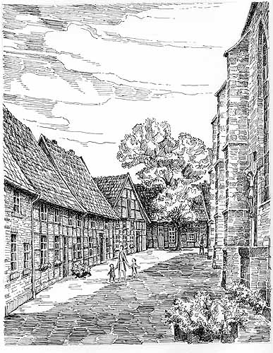 Die Häuserreihe an der Nordseite des Kirchplatzes