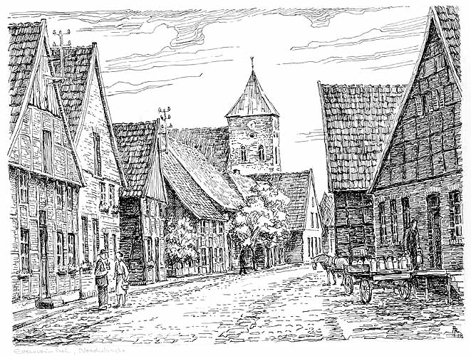 Die früheren Fachwerkhäuser an der Nordstraße, rechts die Molkerei