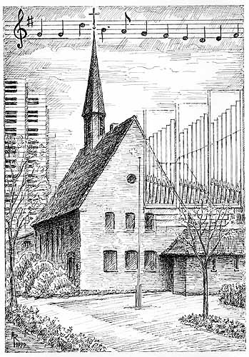 Federzeichnung der Johannes-Kirche mit der Darstellung von Orgelpfeifen, Tastatur und den Noten des Liedes Lobe den Herren