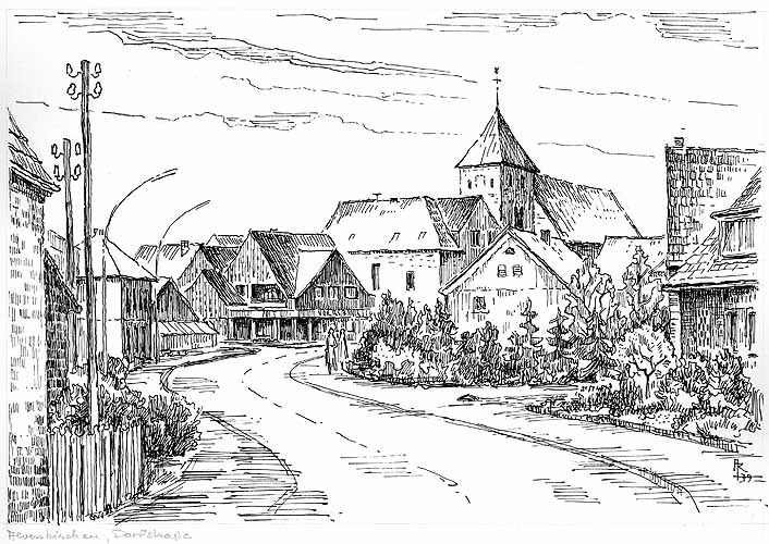 Ansicht der Hauptstraße mit der Volksbank und der Pfarrkirche