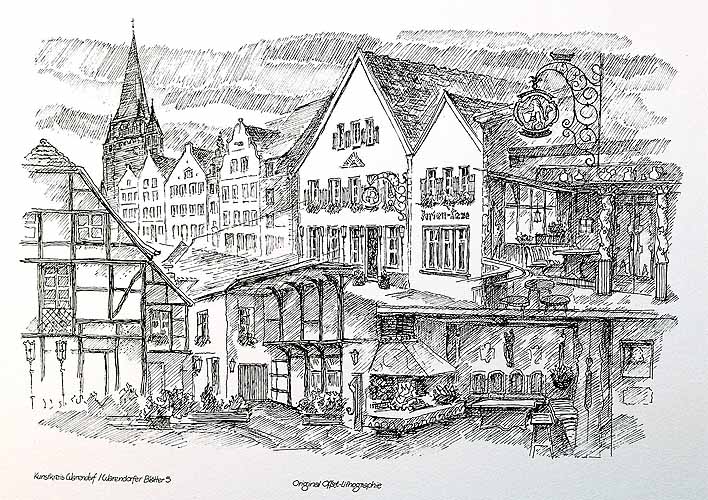 Das Gasthaus Porten-Leve mit Ansichten der Freckenhorster Straße, der Gebäude-Rückseite und Innenansichten 