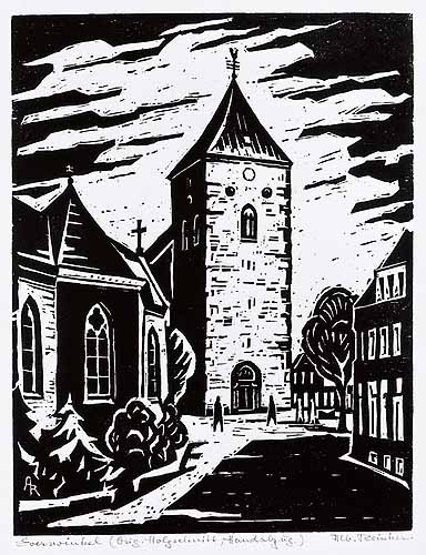 Der Turm der St.-Magnus-Kirche von der Westseite des Kirchplatzes