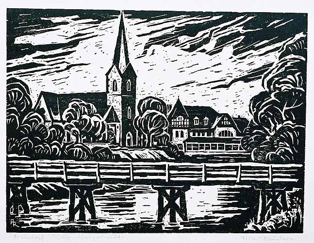 Ortsansicht von Handorf mit der Brücke der Sudmühlenstraße über die Werse und der St. Petronilla-Kirche im Hintergrund 