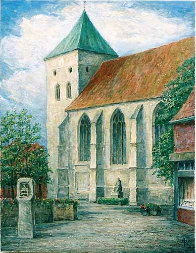 Ansicht der St.-Magnus-Kirche mit dem Weberdenkmal von Südosten 