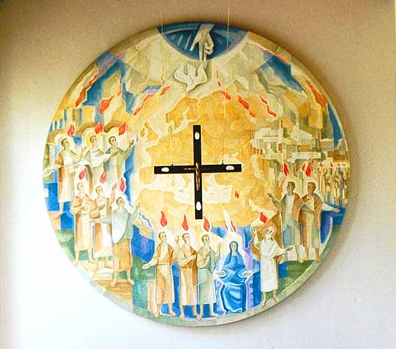 Wandmalerei im Chorraum der Kirche in Hamm-Heesen. Die Geist-Sendung
