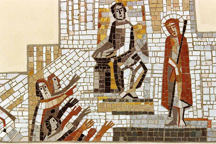 Der Kreuzweg, I. Station.
Jesus wird zum Tode verurteilt, Ausschnitt. Links Menschen, die anklagen und die Todesstrafe fordern