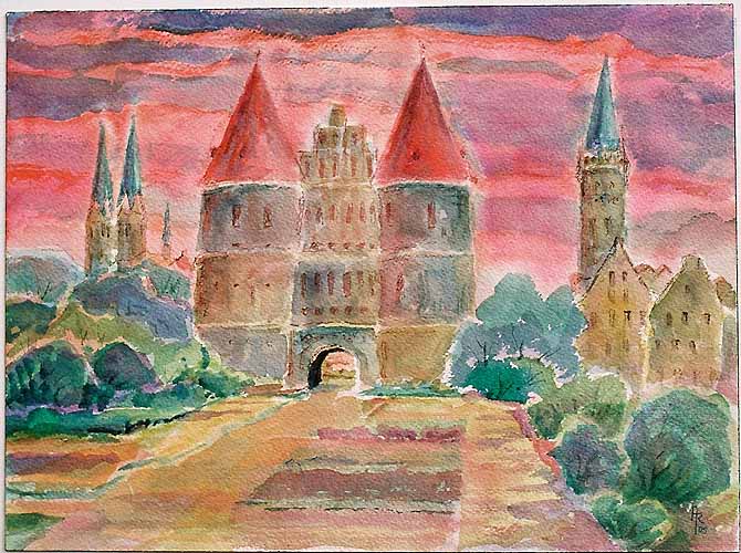 Das Holstentor in Lbeck im Abendrot